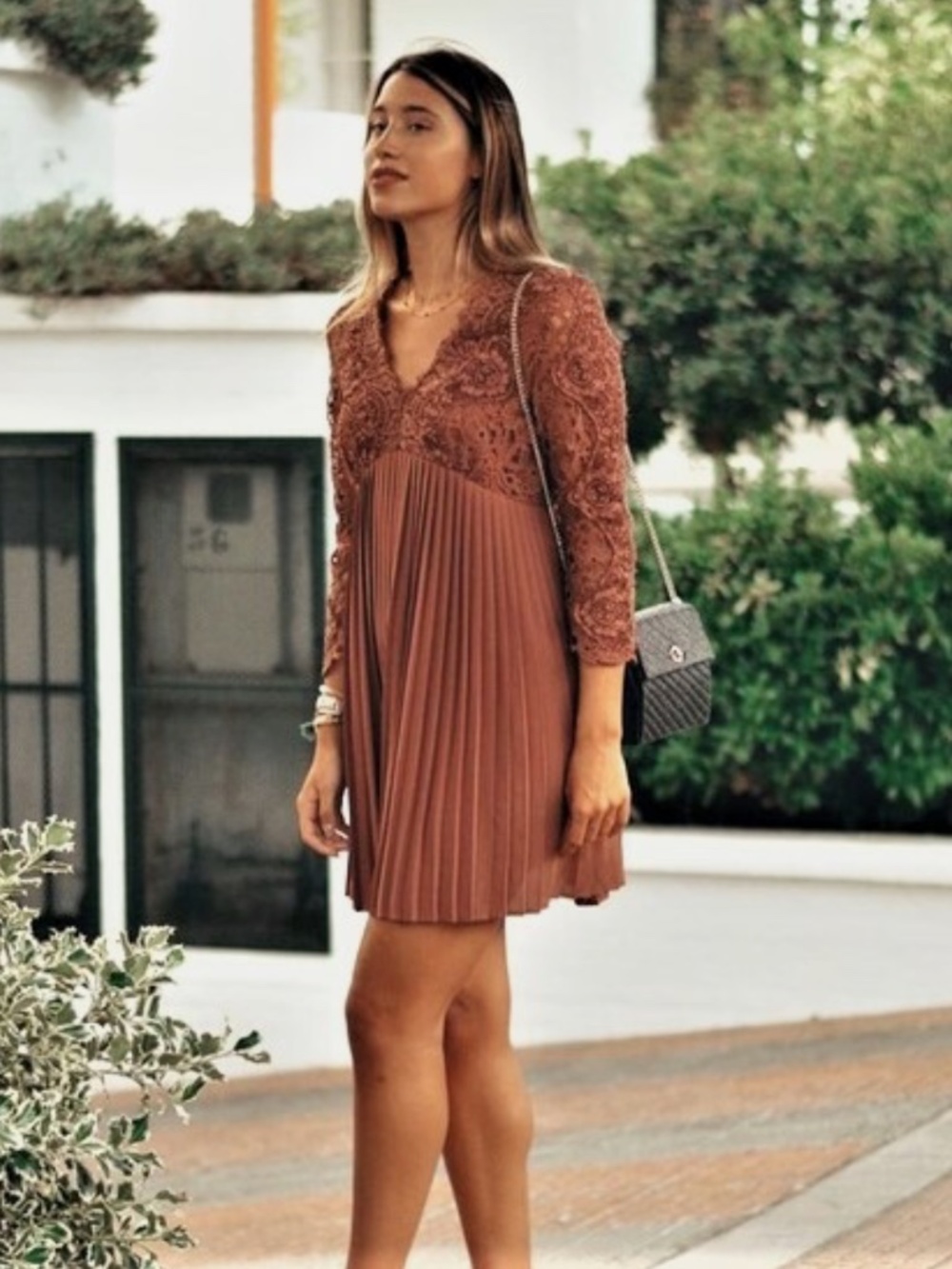 Zara Lace Pleated Long Sleeve V-Neck Mini Dress XL